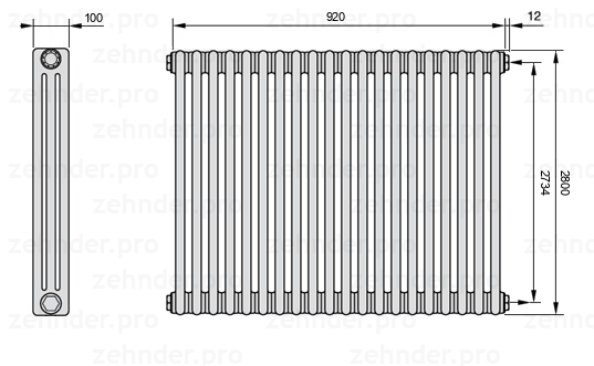 Схема (чертеж) Радиатор Zehnder Charleston 3280/20 №7610 Белый глянцевый RAL 9016